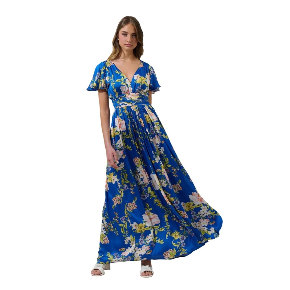 Sugarlips Solary Floral Eloray Pleated Maxi Dress Cobalt Blue Women's XS NEW
